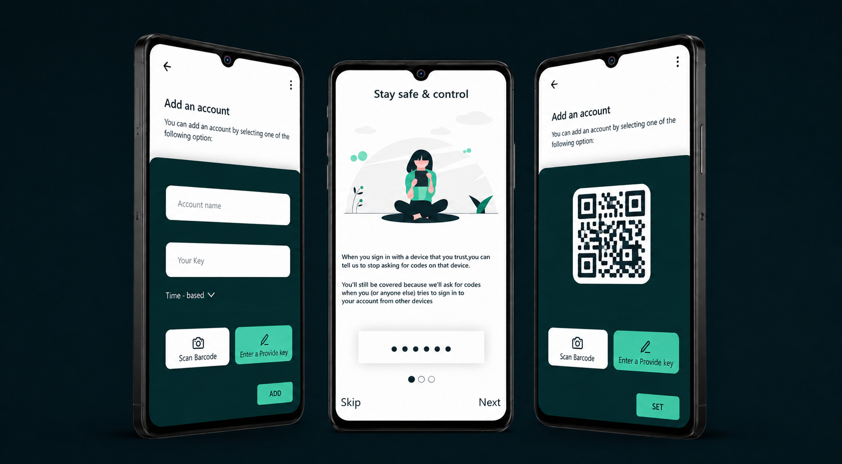 Authenticator-app vist på tre telefoner